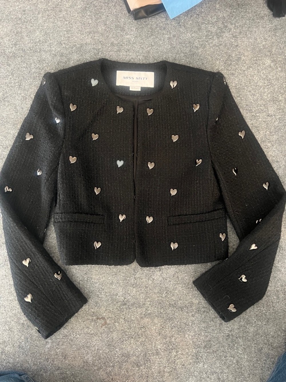 Miss Sixty Black Tweed Cropped Jacket with Silver Heart Studs